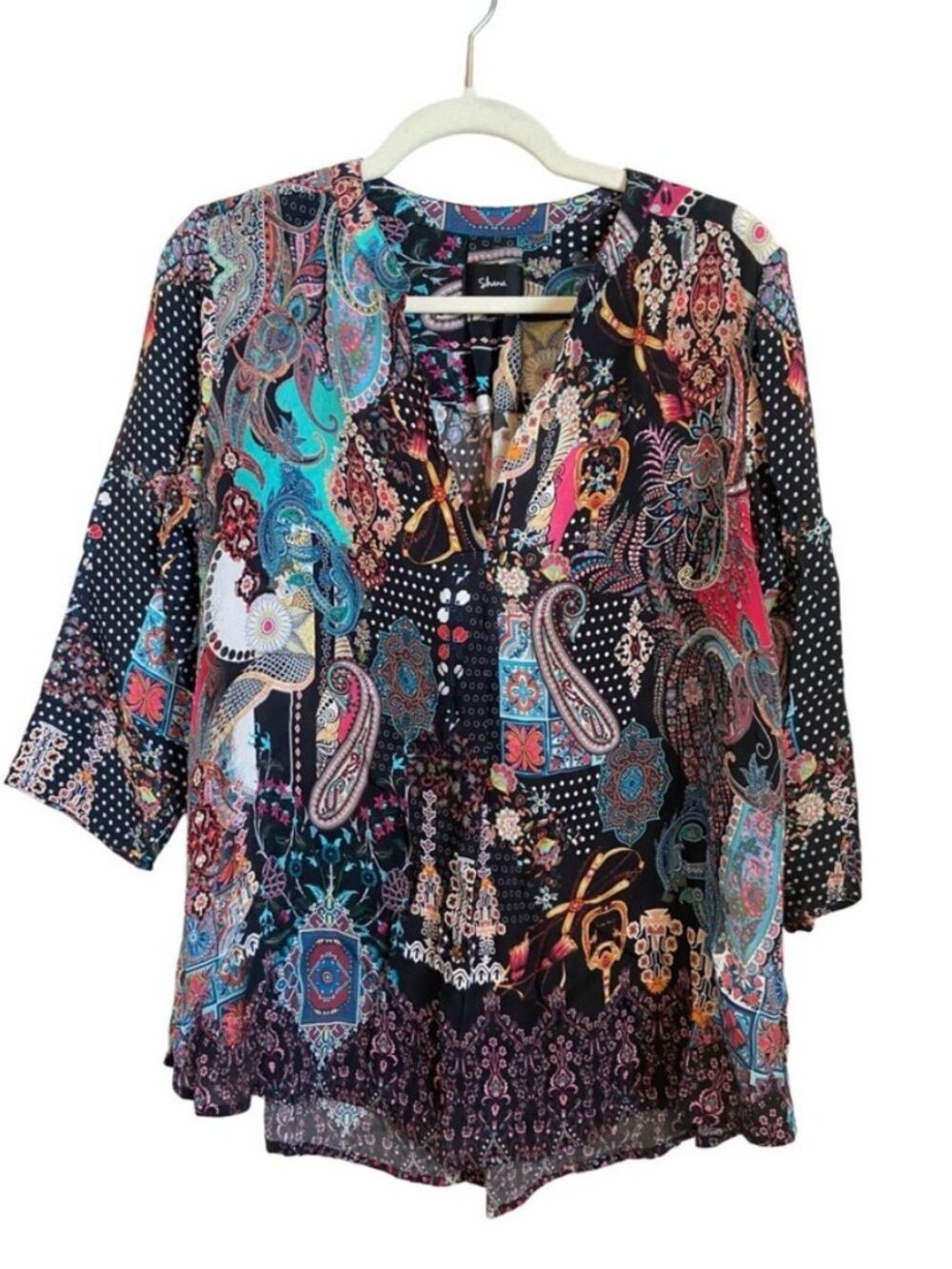 Shana Women's L Paisley Polka Dot Mixed Print V Neck 3/4 Sleeve